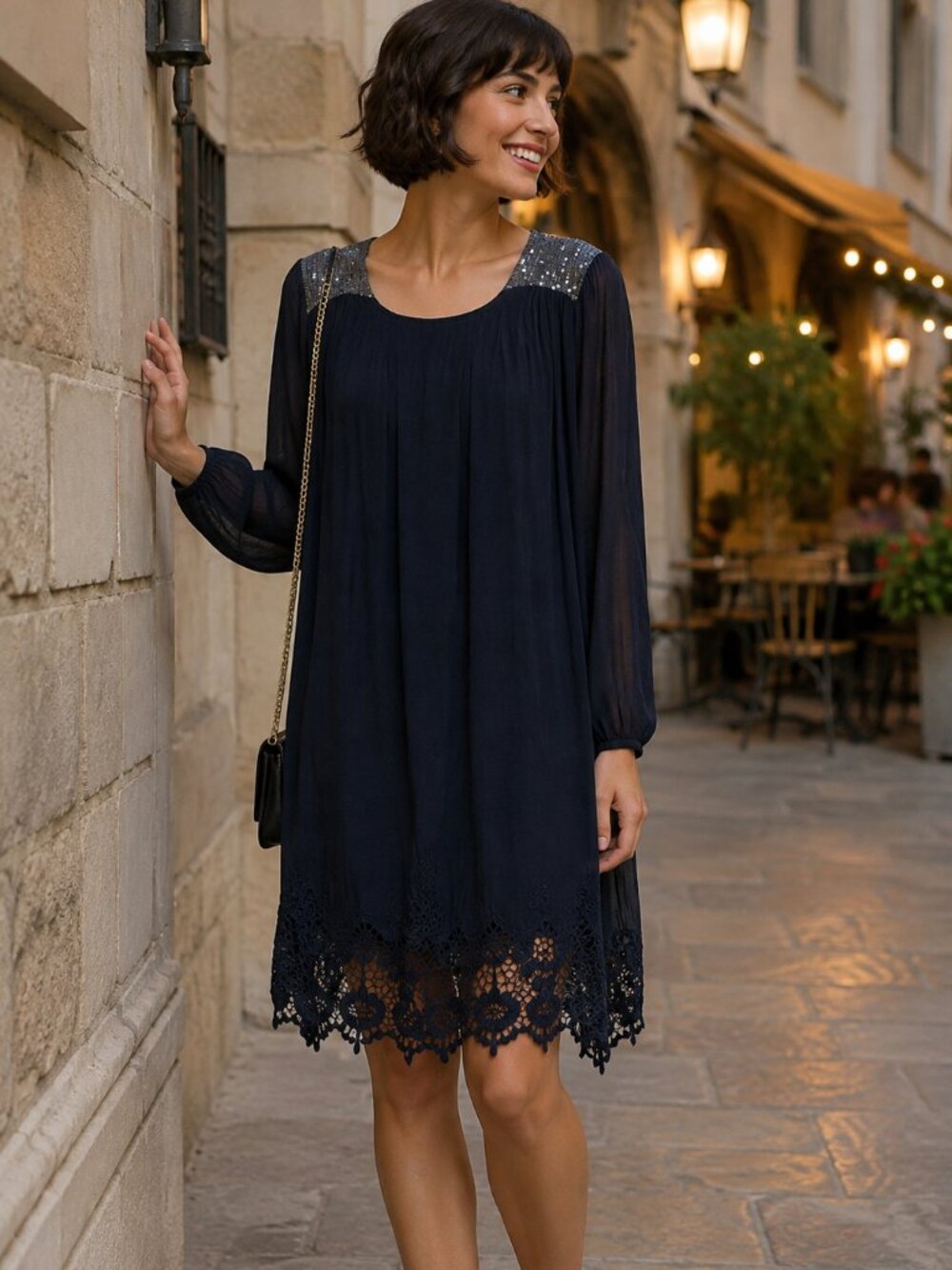 NWT Dark Navy Italian Silk Blend Lace Sequin Dress Size L